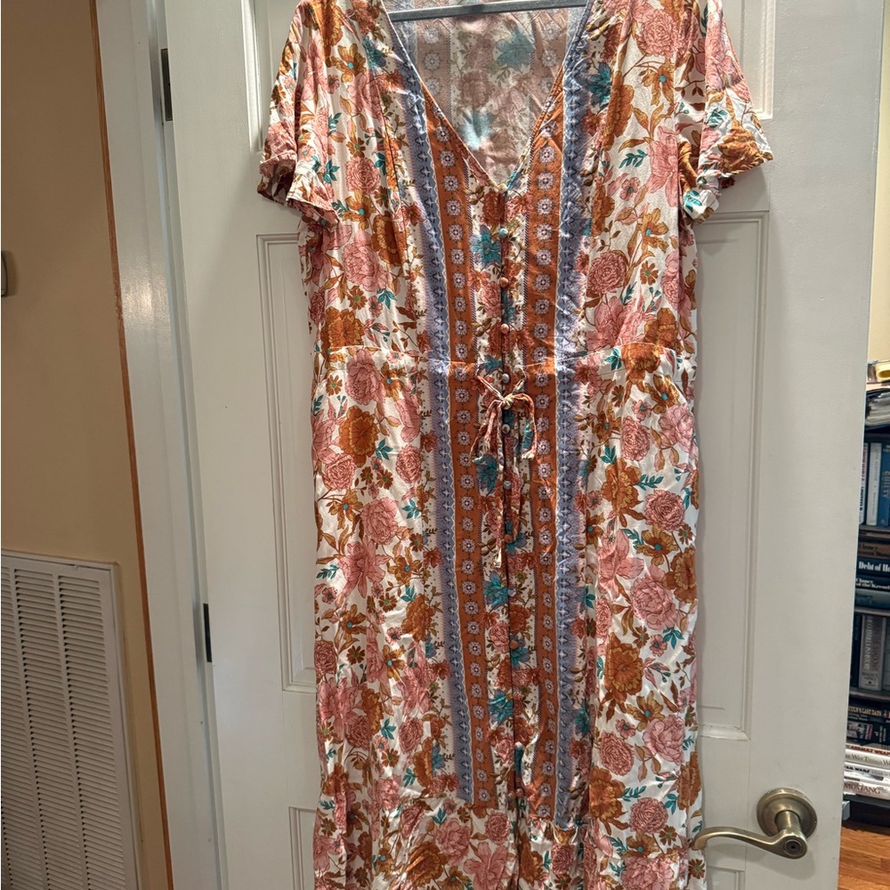 Matilda Jane Rose and Rust Floral Midi Dress with Teal Accents